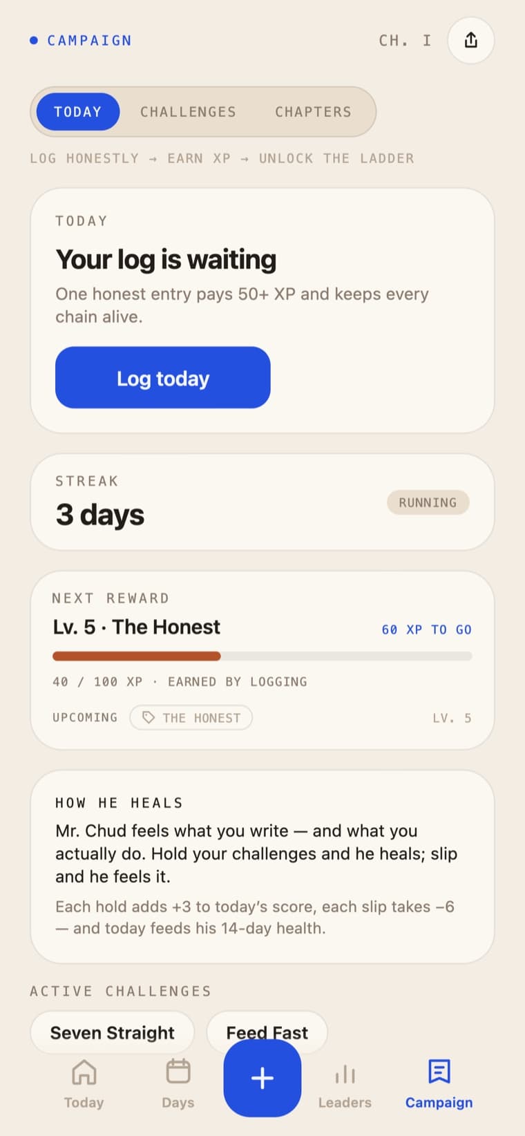 Mr. Chud campaign screen showing a three-day streak and the next reward level