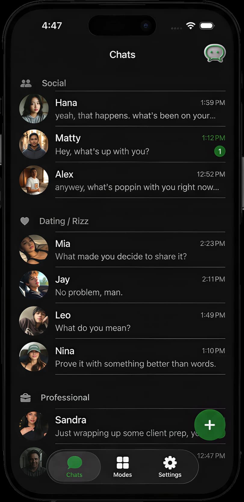 WhatsGen chat list showing AI practice personas grouped into Social and Dating categories