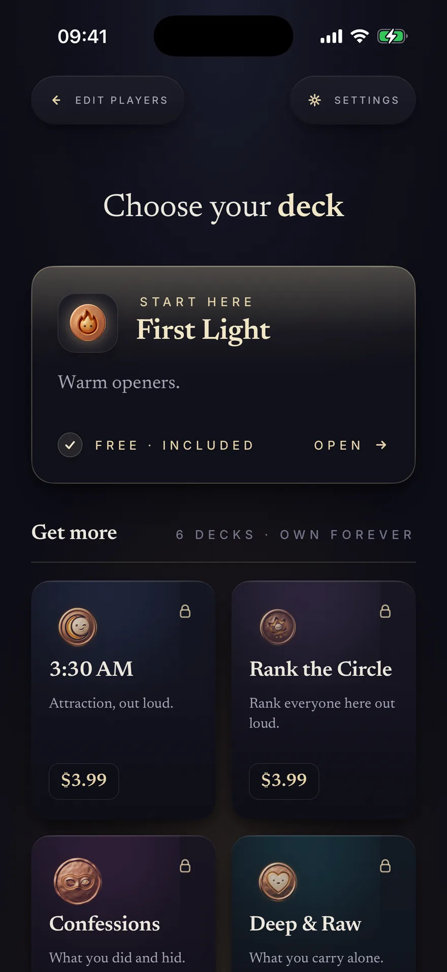 The Talking Game deck catalogue, “Choose your deck”: the free First Light deck marked Start here, then a Get more grid of paid decks: 3:30 AM and Rank the Circle at $3.99, with Confessions and Deep & Raw below